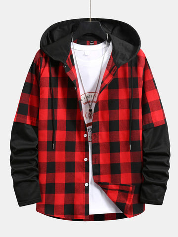 Contrast Plaid Drawstring Hooded Shirt